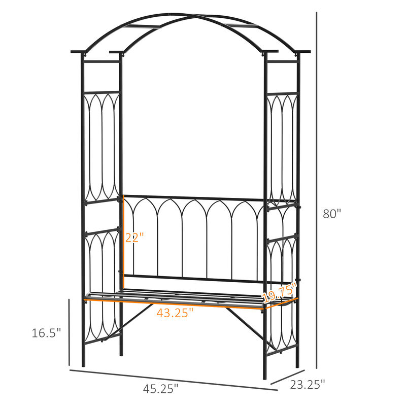 45� Steel Metal Outdoor Garden Arbor Archway with Bench Seating Black