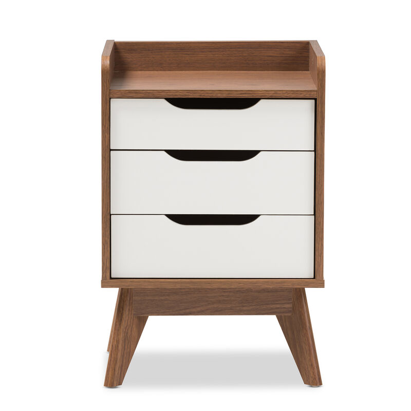 Baxton Studio Brighton Mid Century Modern White And Walnut Wood 3 Drawer Storage Nightstand
