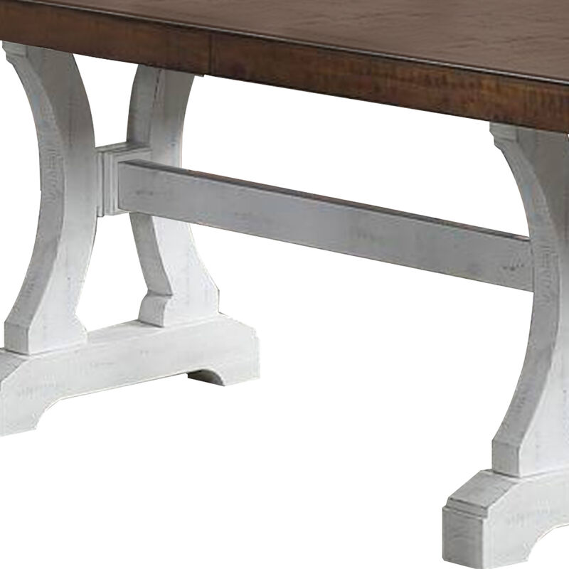 Dining Table with Trestle Base and Extension Leaf, Black and Brown - Benzara