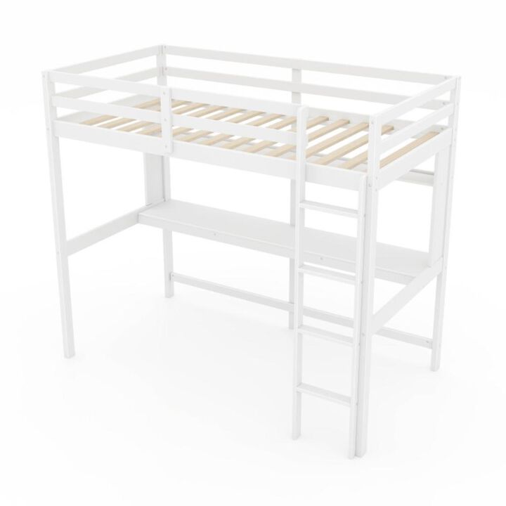 Hivvago Twin Size Solid Wood Slatted Loft Bed Frame with Safety Guardrail for Kid