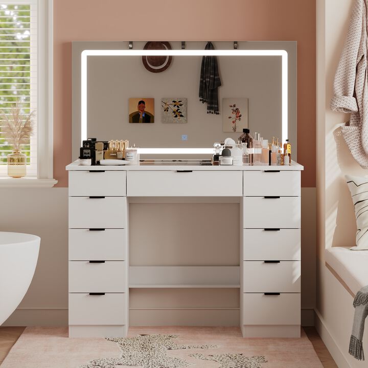 FUFU&GAGA White Vanity Desk with 3 Color Lighting Modes and Glass Top, 11 Drawers for Storage (43" W x 15" D x 55" H), White