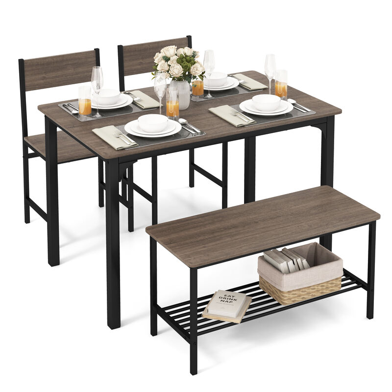 4 Pieces Rustic Dining Table Set with 2 Chairs and Bench