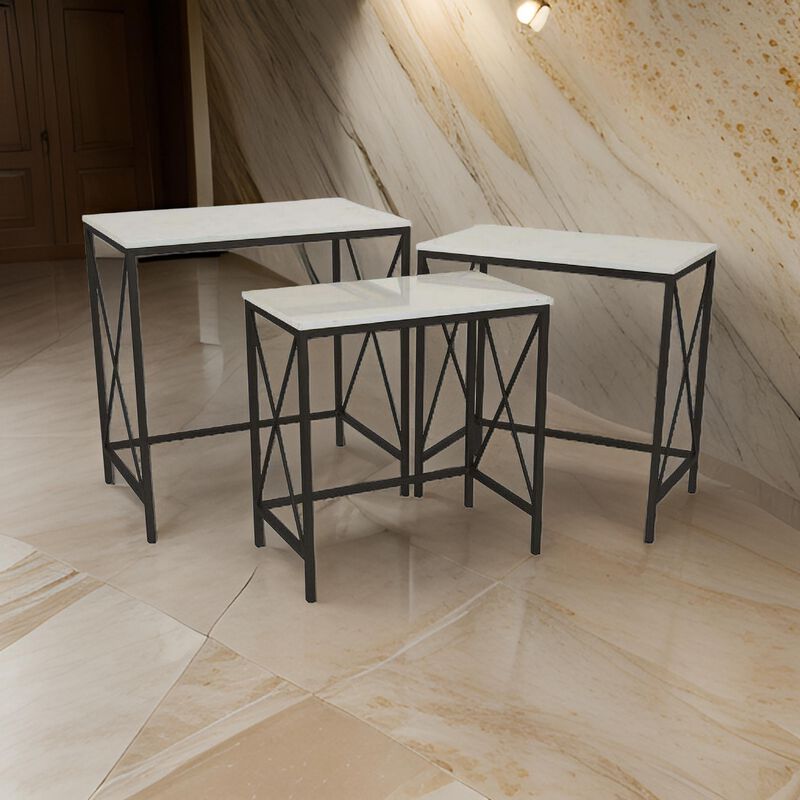 Zoe Plant Stand Table Set of 3, Metal, Rectangular Marble Top, Black Metal - Benzara