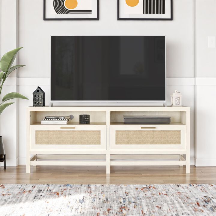 Lennon TV Stand for TVs up to 60", Ivory Oak and Faux Rattan