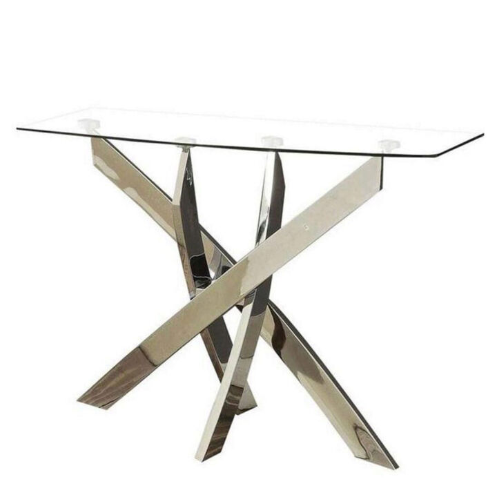 Rectangular Glass Top Sofa Table with Criss Cross Base, Silver and Clear - Benzara