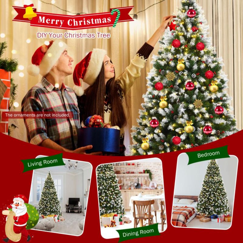 Hivvago 7.5/9 FT Pre-lit Snow Flocked Christmas Tree with Red Berries and 8 Lighting Modes