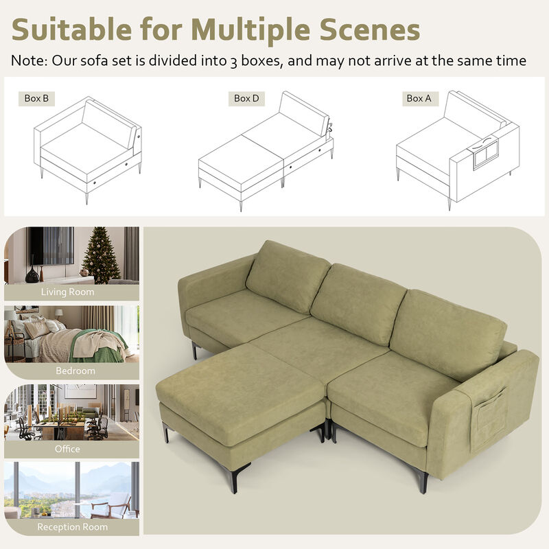 Costway Modular L-shaped 3 Seat Sectional Sofa w/ Reversible Chaise & 2 USB Ports