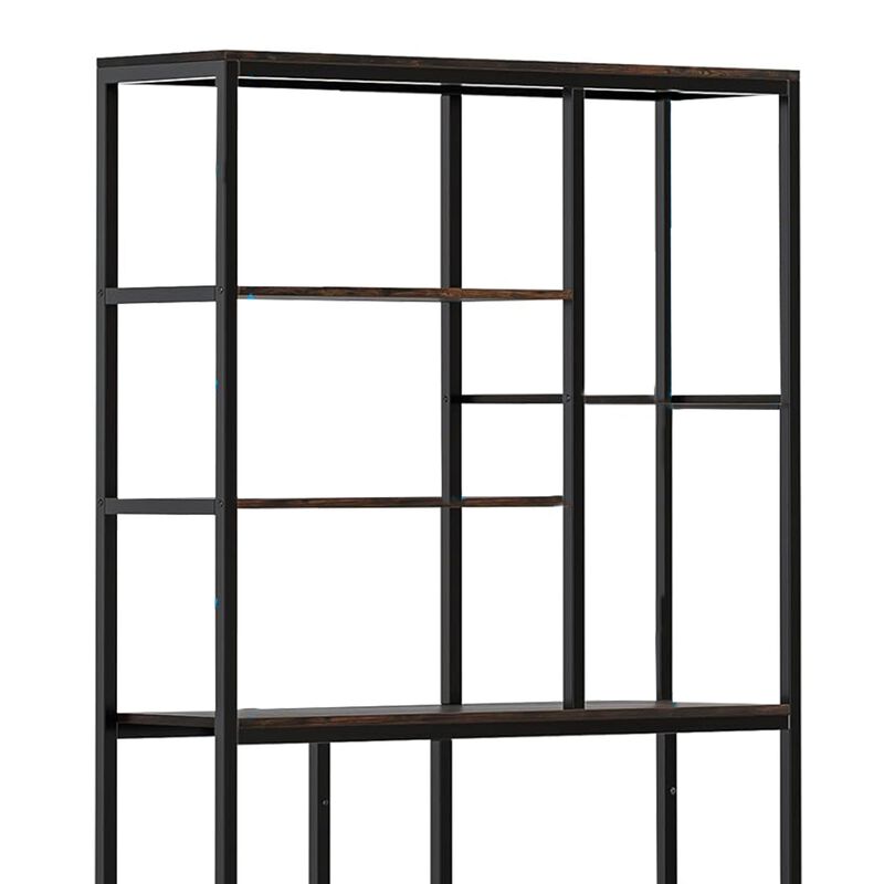 Tall Accent Bookshelf, 9 Tier Brown Shelves, Black Metal 78 Inch - Benzara