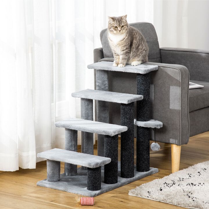 Light Grey Pet Steps: 4-Level Cat Stair & Dog Stairs with Play Ball