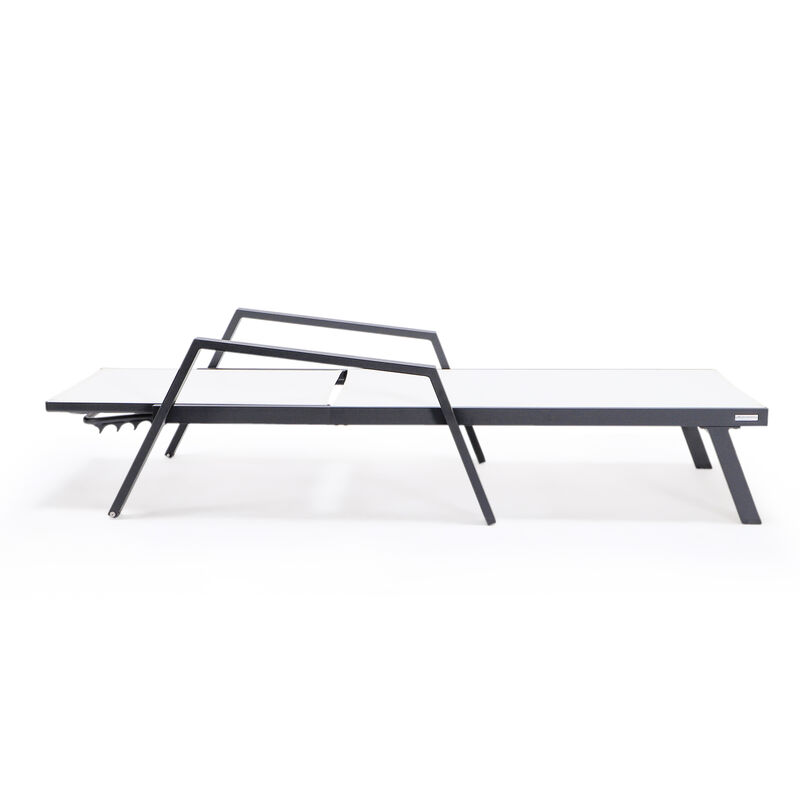 LeisureMod Marlin Patio Chaise Lounge Chair with Armrests – Black Aluminum Frame & Navy Blue Mesh for Outdoor Comfort