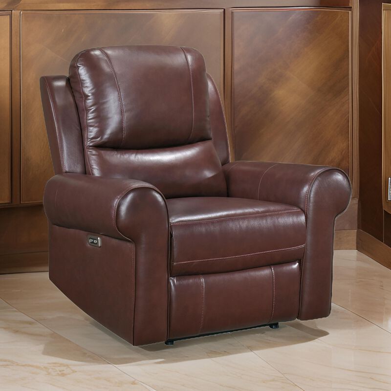 Michael 39 Inch Power Recliner Chair, USB Port, Brown Top Grain Leather - Benzara