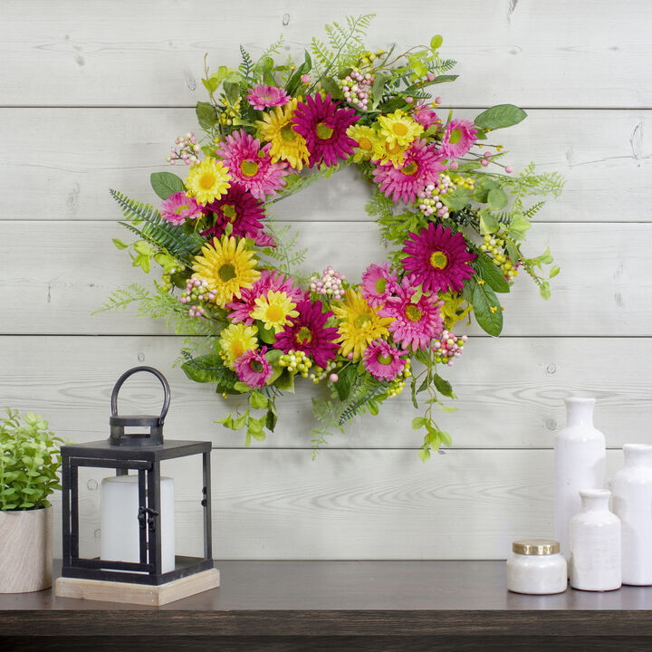 Chrysanthemum and Daisy Floral Spring Wreath  Pink and Yellow 23"