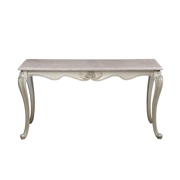 Kerra Console Table, Beige Marble, Classic Carved Champagne 58 Inch - Benzara