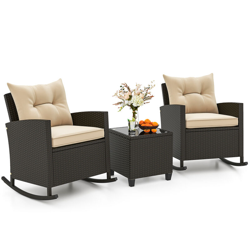 Patio Rattan Roker Chairs with Tempered Glass Table and Soft Cushions