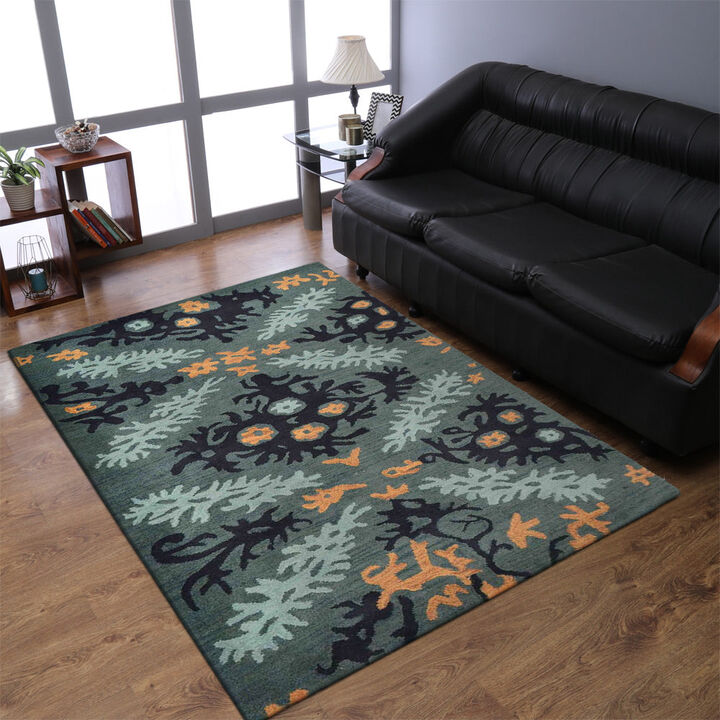 RUGSOTIC CARPETS HAND TUFTED WOOL ECO-FRIENDLY AREA RUGS  - 5'x8', Rectangle Shape, Black & Green, Floral Modern Design, High Pile Thick Handmade Area Rugs for Living Room, Bed Room (K00920)