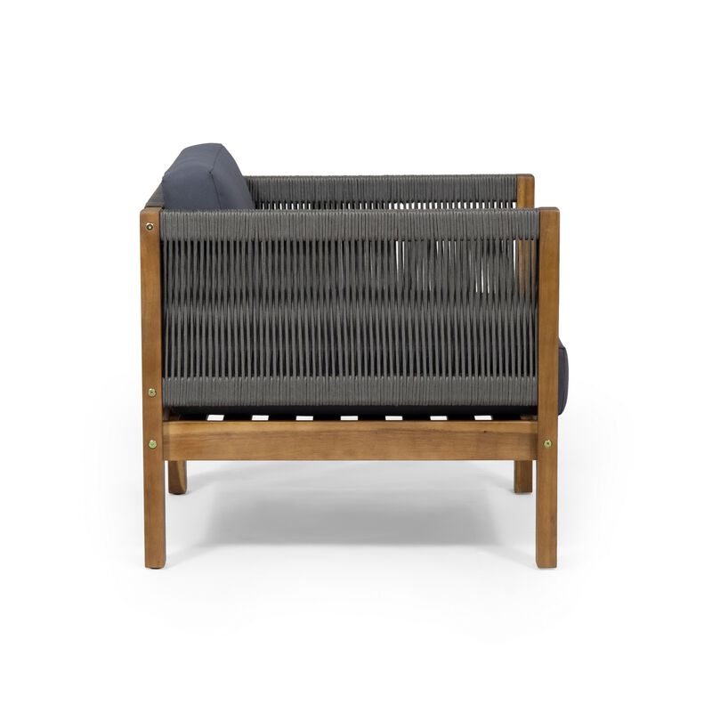Club Lounge Chair, Woven Rattan Rope, Brown Acacia Wood, Gray Fabric - Benzara