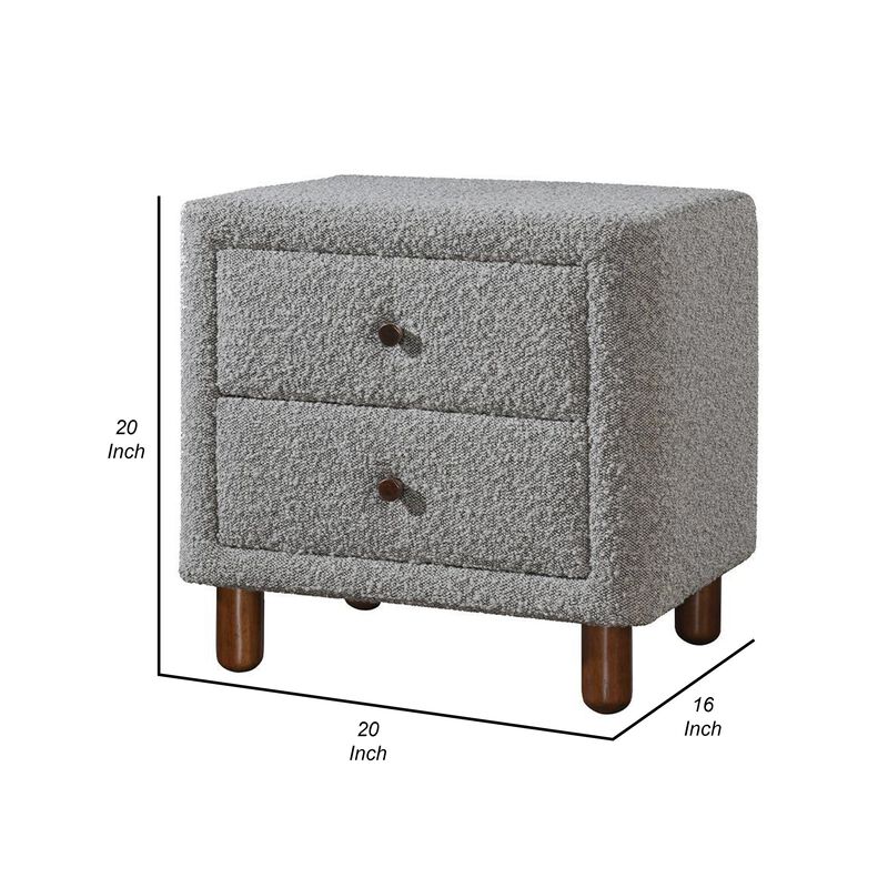 Lyno 20 Inch Nightstand, 2 Drawers, Brown Legs, Gray Boucle Upholstery - Benzara