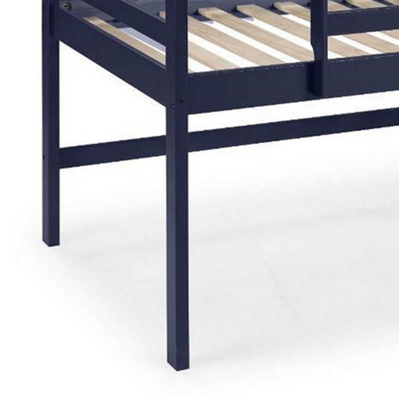 Twin Loft Bed with Wooden Frame and Reversible Ladder, Blue-Benzara