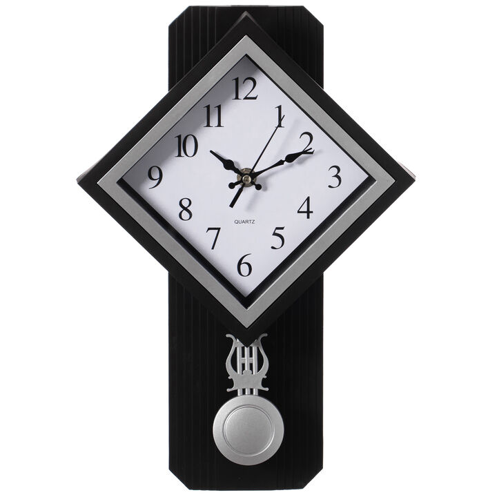 Wood-Look Pendulum Plastic Wall Clock, Farmhouse Decor for Living Room, Kitchen, or Dining Room, Silent Clock with Roman Numerals, Battery Powered, Large Decorative Wall Clock, Easy-to-Read, Brown