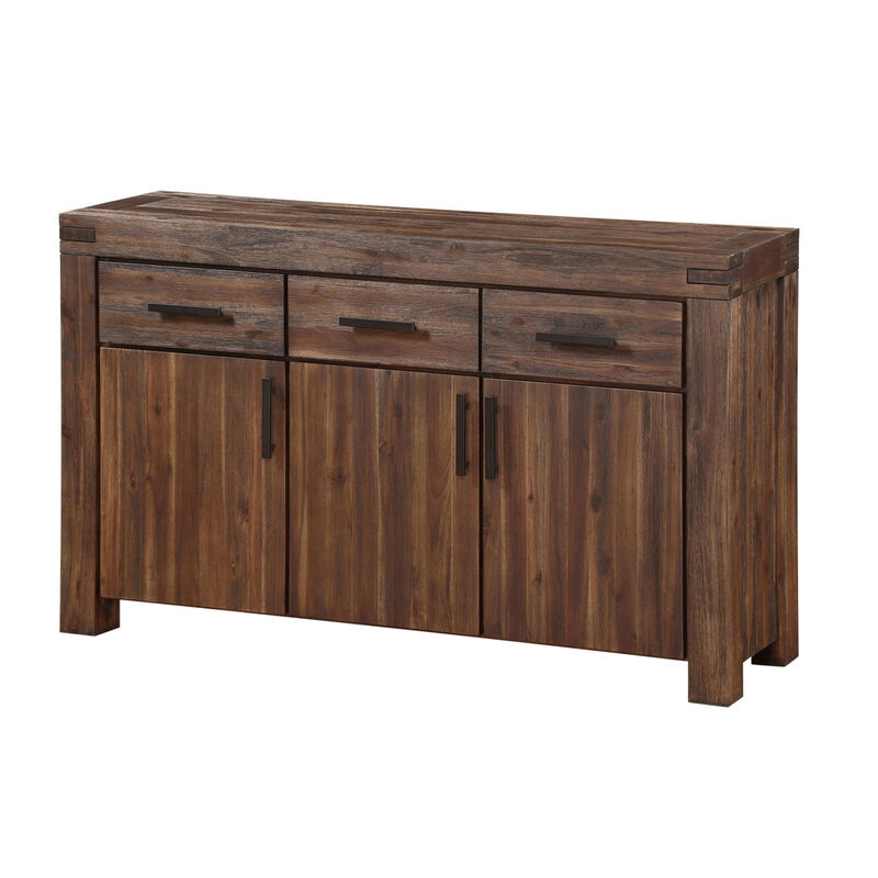 Three Drawers Solid Acacia Wood Sideboard with Three Door Cabinets, Brick Brown - Benzara