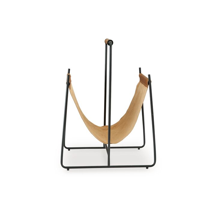 Faron Magazine File Rack with Handles, Black Metal, Brown Leather - Benzara