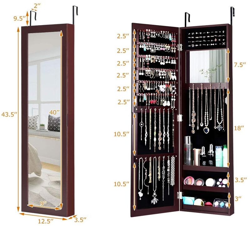 Full Length Mirror Jewelry Cabinet with Ring Slots and Necklace Hooks-Brown
