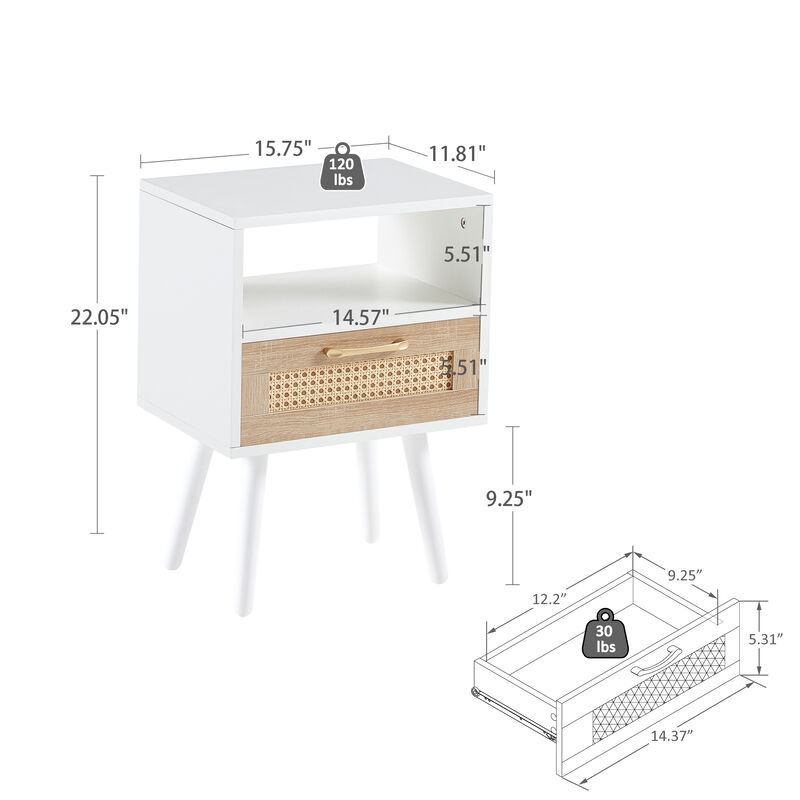 Rattan End table with drawer and solid wood legs, Modern nightstand, side table for living roon, bedroom, white