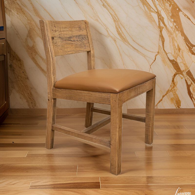 Asic 18 Inch Dining Chair, Set of 2, Vinyl Fabric, Natural Brown Pine Wood-Benzara
