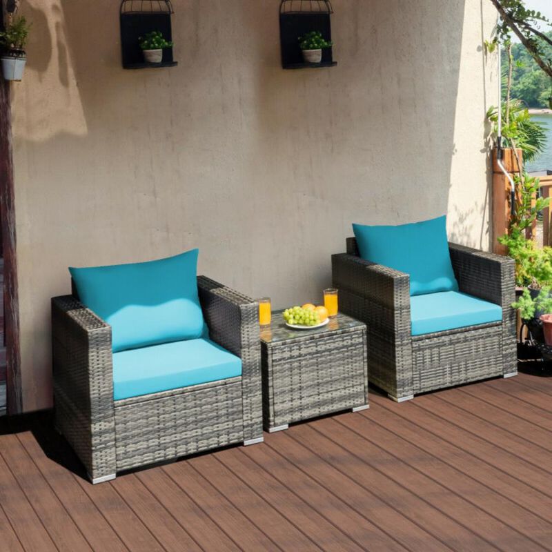 Hivvago 3 Pieces Patio Rattan Furniture Bistro Sofa Set with Cushioned
