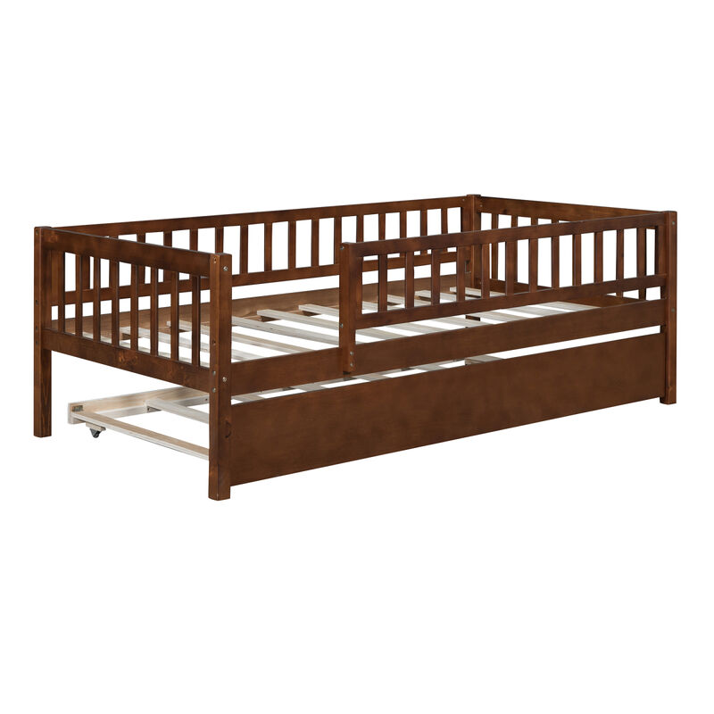 Twin Size Wood Daybed With Trundle And Fence Guardrails