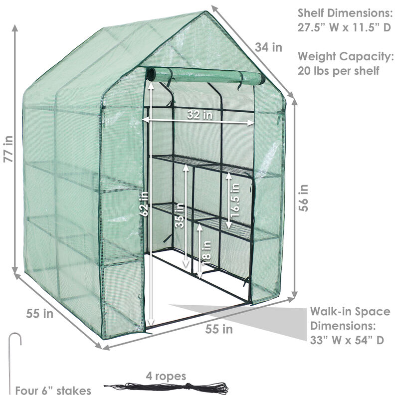 Sunnydaze Large Iron PE Cover Walk-In Greenhouse with 4 Shelves - Green
