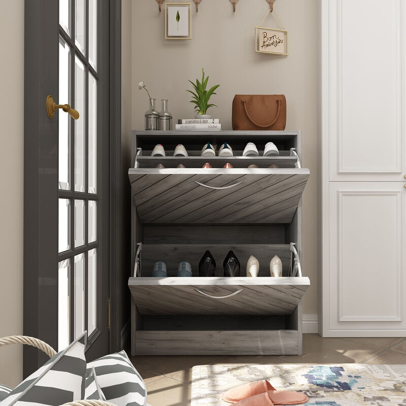 Gray 12-Pair Shoe Storage Cabinet with 2-Drawers and 4-Compartments and Wood Grain