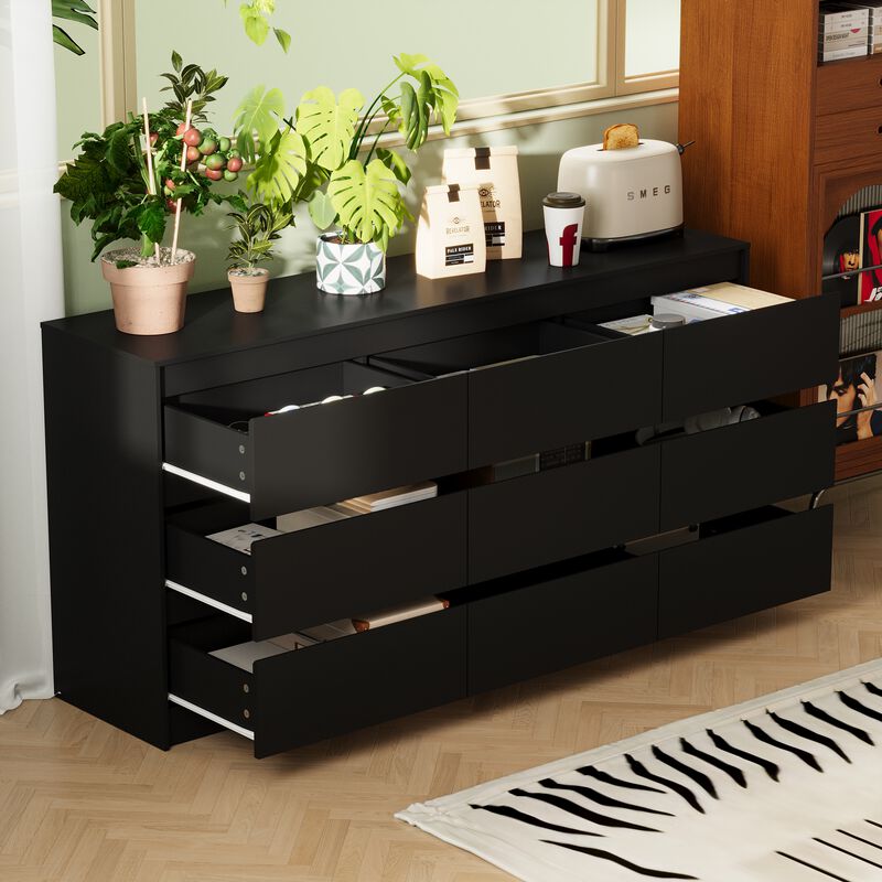 FUFU&GAGA  Modern Black 9-Drawer Dresser with Ample Storage for Bedroom and Living Room (63" W x 31.5" H x 15.7" D) Black