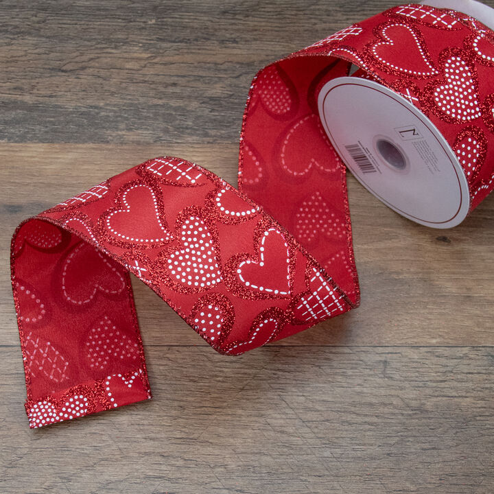 Red and White Glittered Hearts Valentine's Day Wired Craft Ribbon 2.5" x 10 Yards
