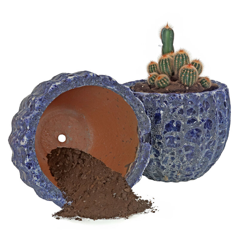 Sunnydaze 10" Round Fluted Lava Finish Planter - Dark Blue - Set of 2