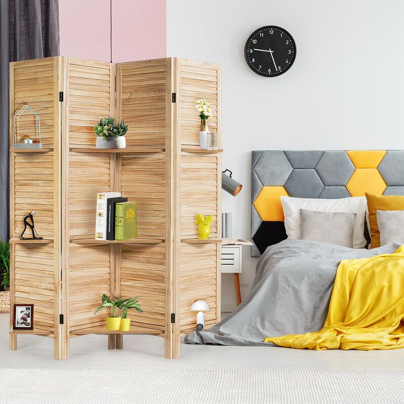 4 Panel Folding Room Divider Screen With 3 Display Shelves