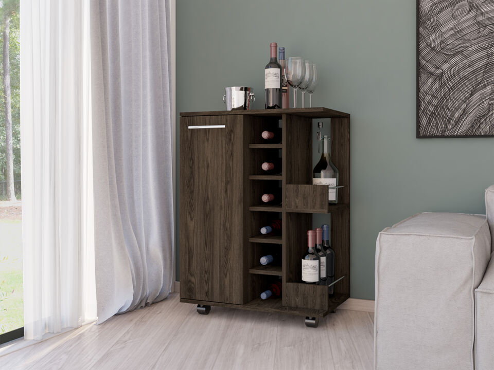 DEPOT E-SHOP Magda Bar Cart, Four Casters, Six Built-in Wine Rack, Single Door Cabinet, Two External Shelves, Dark Walnut