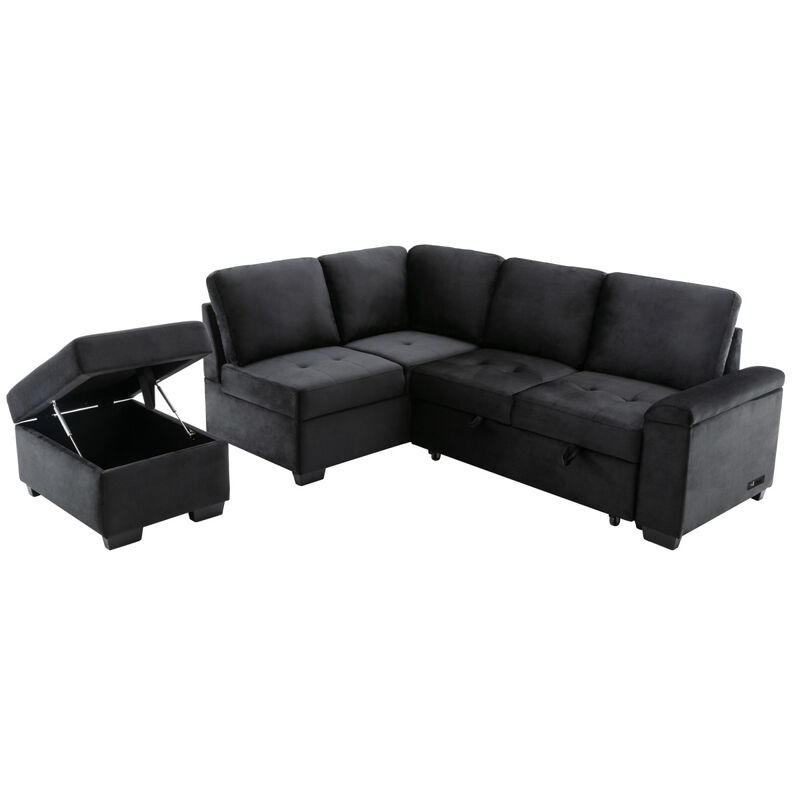L-Shaped Sleeper Sofa with Storage Ottoman & USB Charge