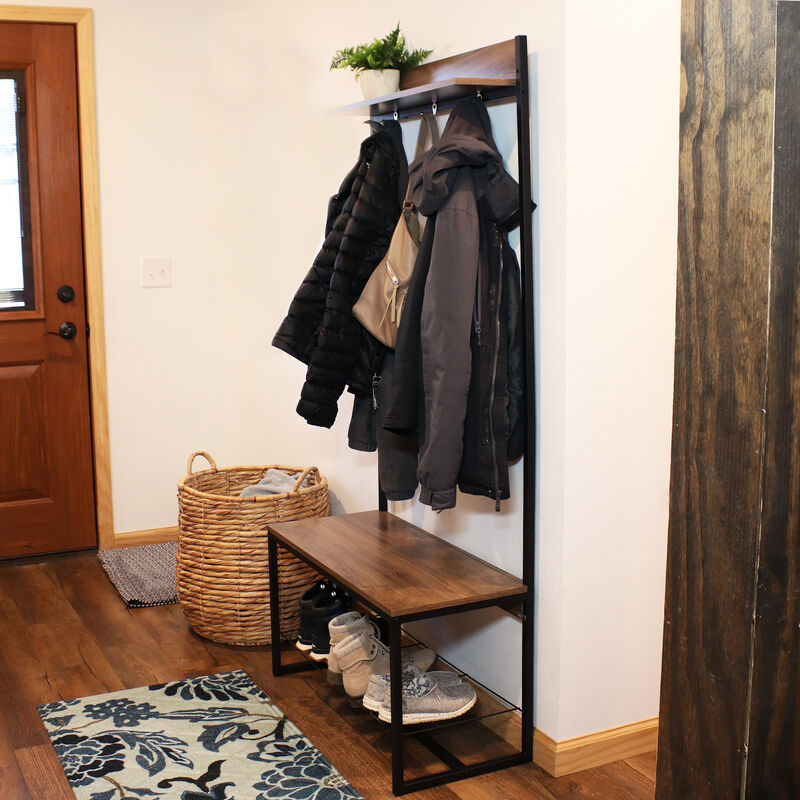 Sunnydaze Industrial MDP Hall Tree with Coat/Shoe Rack - Brown - 67 in
