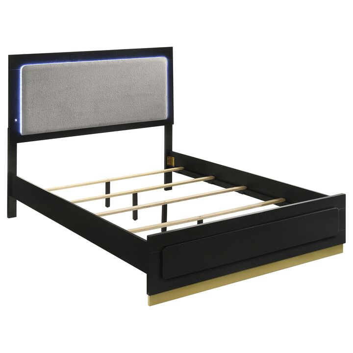 Caer Queen Size Bed, LED Panel Tall Headboard, Gray Upholstery, Black Okume -