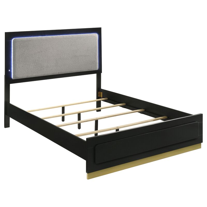 Caer Queen Size Bed, LED Panel Tall Headboard, Gray Upholstery, Black Okume -