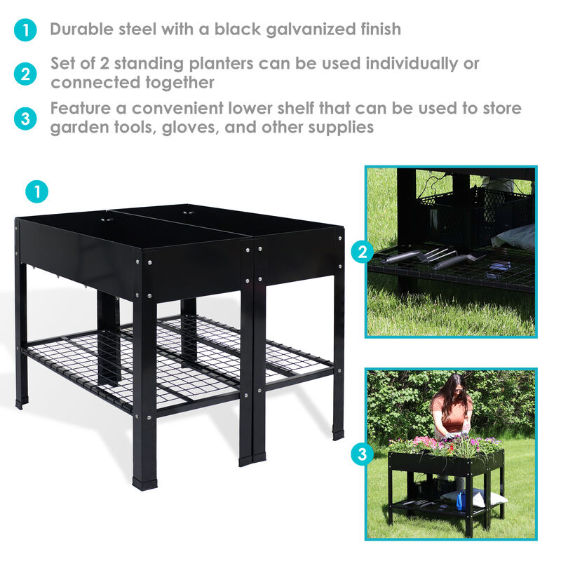 Sunnydaze Galvanized Steel Raised Bed with Mesh Shelf - Black - Set of 2
