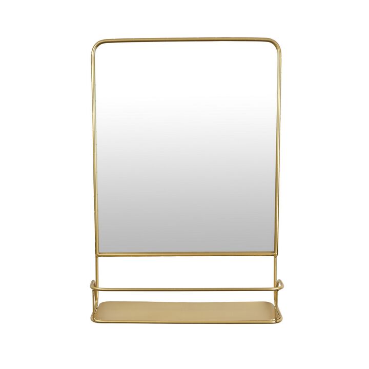 Rectangular Wall Mirror Decoration with Shelf, 17 x 24, Gold Metal - Benzara