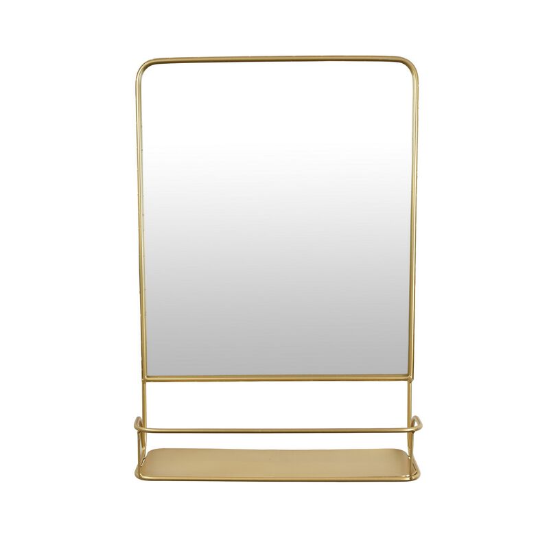 Rectangular Wall Mirror Decoration with Shelf, 17 x 24, Gold Metal - Benzara