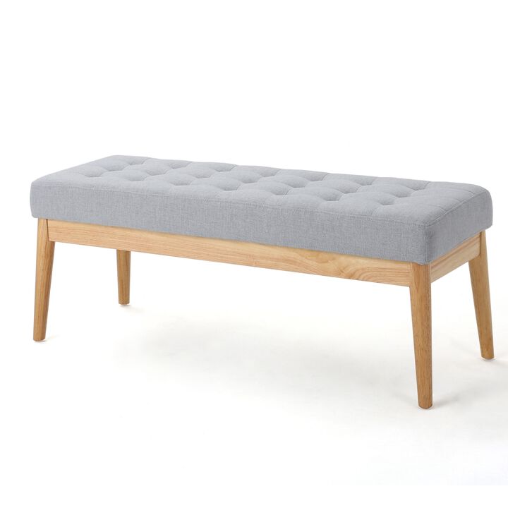 Gisa Ottoman Bench, Light Gray Fabric Tufted Seat, Brown Wood, 44 Inch -Benzara