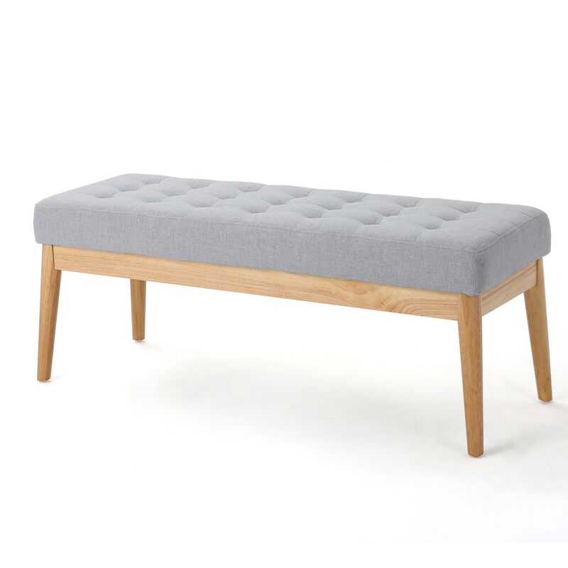 Gisa Ottoman Bench, Light Gray Fabric Tufted Seat, Brown Wood, 44 Inch -Benzara