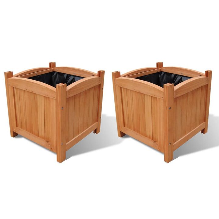 Outdoor Planter Set of 2, 12 Inch Square Natural Brown Solid Wood - Benzara