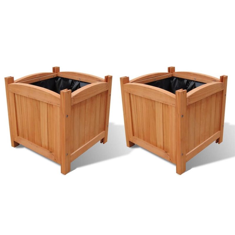 Outdoor Planter Set of 2, 12 Inch Square Natural Brown Solid Wood - Benzara
