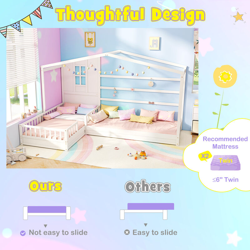 L-shaped Double House Platform Beds with Fences Corner Bed Frame