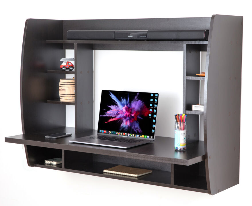 Wall Mount Laptop Office Desk with Shelves, Brown